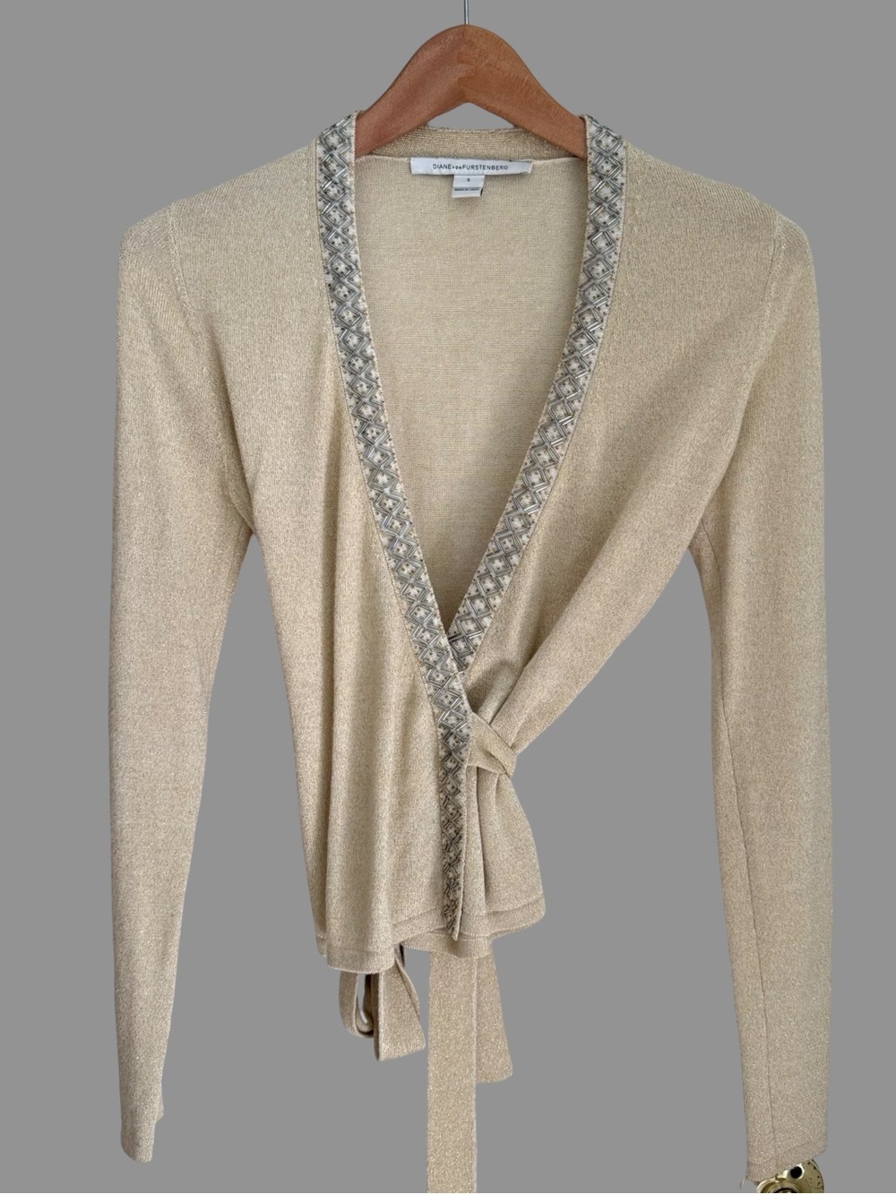 Diane Von Furstenberg Gold Knit Embellished Ballerina Wrap S